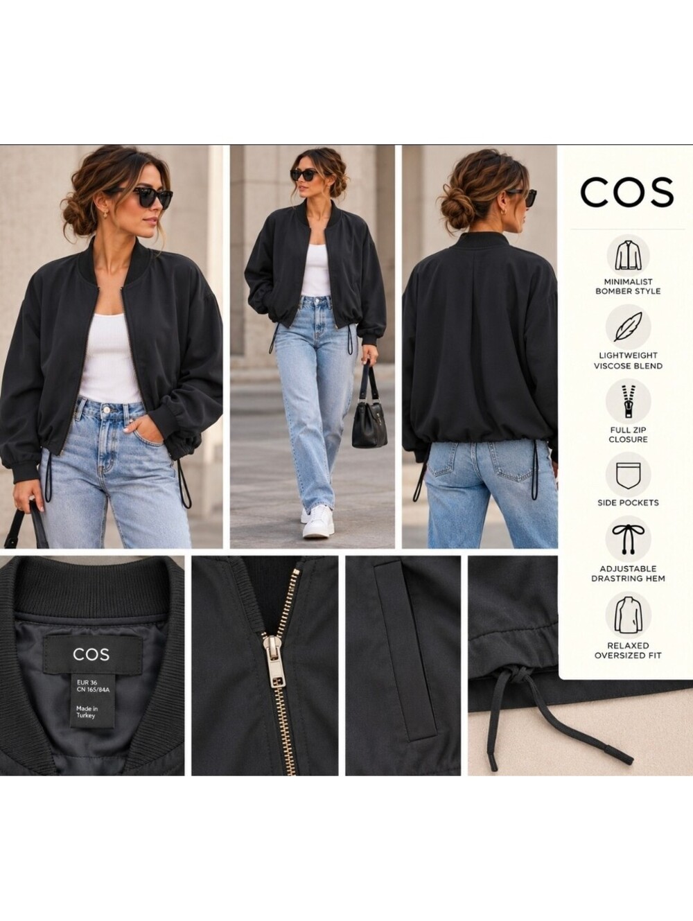 COS Womens US 4 Black Viscose Bomber Jacket Oversized Minimalist Drawstring Zip